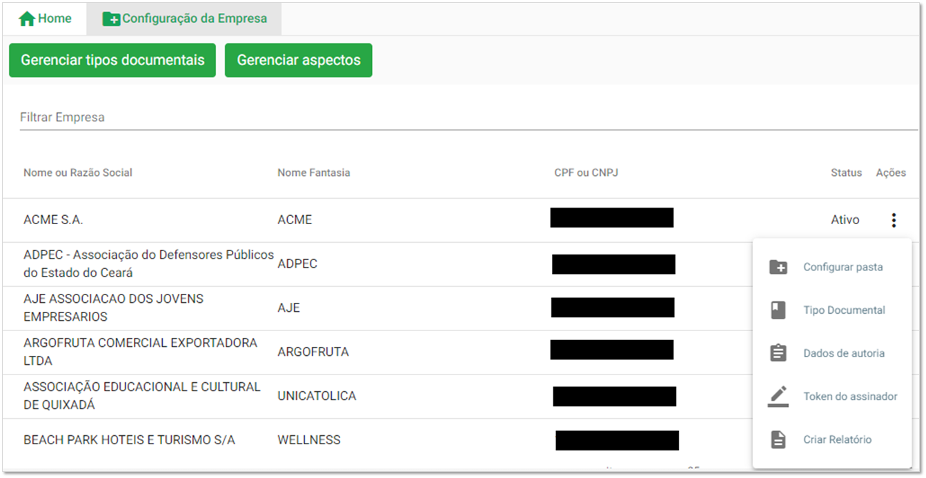 Configuração da empresa